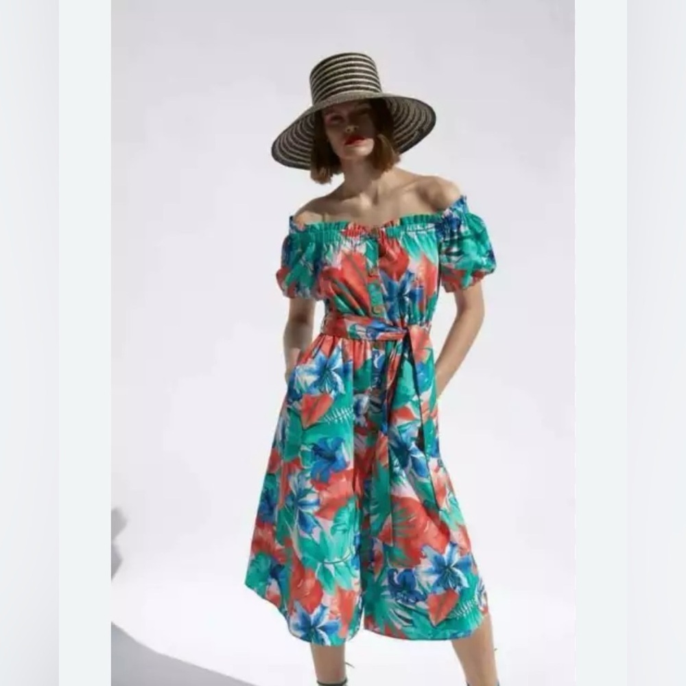 Zara Tropical Floral Off Shoulder Midi Dress S Pockets Puff Sleeve Resort Summer - Picture 3 of 16